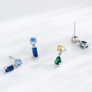 S925 Sterling Silver Stud Earrings with Colorful Zircon Stones in Elegant Minimalist Design