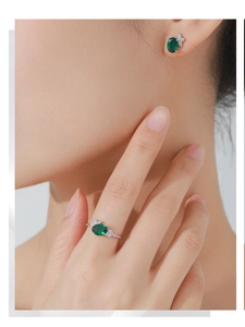 Elegant emerald-cut green zircon ring and earring set in S925 silver on a model