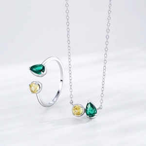 Parure bijoux en argent S925 avec zircons vert en poire et jaune rond élégante