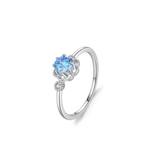 S925 Sterling Silver Blue Zirconia Flower Ring For Women Small Fresh Style Elegant Wedding Party Jewelry