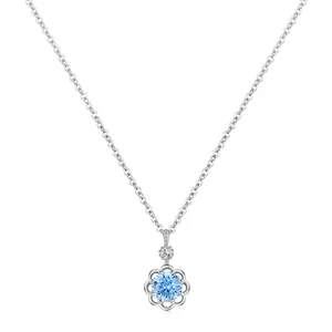 Collier Pendentif Fleur Bleue en Argent Sterling 925 Chaîne Clavicule Douce Minimaliste Strass Bijoux Élégants pour Femme Cadeau