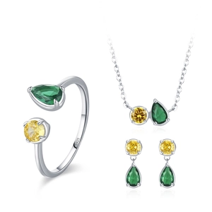 Parure de bijoux en argent S925 avec pierres précieuses gouttes vertes et jaunes