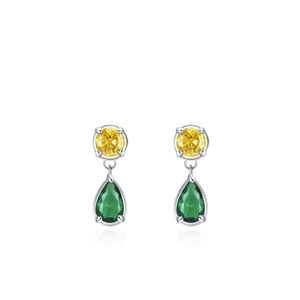 S925 sterling silver drop earrings with yellow round zircon and green pear-shaped gemstones
