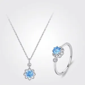 925 Sterling Silver Light Blue Flower Jewelry For Women Zirconia Necklace And Ring Sweet Elegant Fine Jewelry