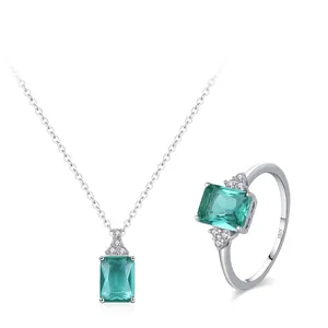 925 Sterling Silver Emerald Cut Green Zirconia Jewelry Set For Women Elegant Square Pendant Necklace Fashion Finger Ring