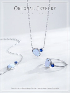 Macro detail of S925 sterling silver opal jewelry set including necklace, ring and bracelet