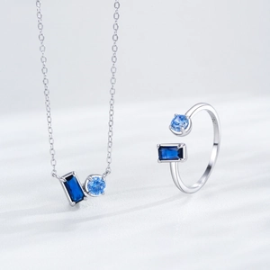 S925 silver jewelry set featuring blue zircon necklace and adjustable open ring