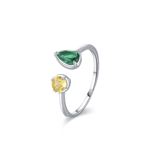 Vintage S925 sterling silver open ring with pear emerald and yellow zircon gemstones
