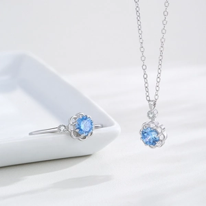 S925 sterling silver blue flower gemstone ring and necklace set with sparkling crystals