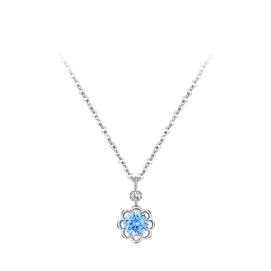 Collier en argent sterling S925 avec pendentif fleur bleue et pierre précieuse centrale