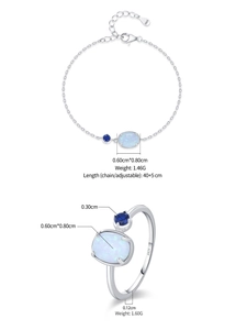 Detailed view of S925 silver bracelet and ring with light blue oval opal stones