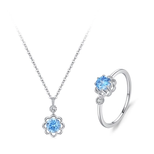 Elegant S925 sterling silver jewelry set with light blue flower necklace and ring