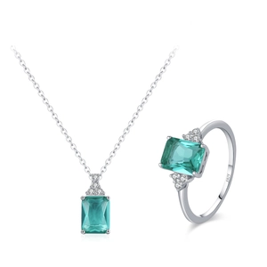 S925 sterling silver jewelry set with emerald cut green gemstones necklace and ring