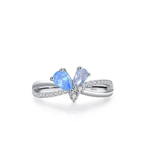 925 Sterling Silver Bowknot Ring For Women Blue Zirconia Inlaid Sweet Style Cross Band Fashion Fine Finger Jewelry Gift