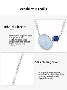 Detailed close-up of S925 sterling silver necklace with oval opal and 5A cubic zirconia
