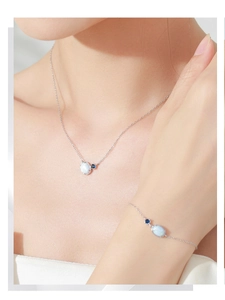 Macro detail of S925 silver necklace and bracelet set featuring oval opal gemstones