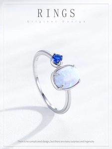 Detailed macro view of S925 sterling silver ring with oval opal and blue gemstone