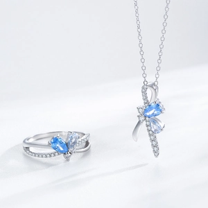 Elegant S925 silver set with pear-cut sea blue zircon ring and matching necklace