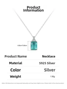 Detailed specifications for S925 sterling silver necklace with blue square pendant