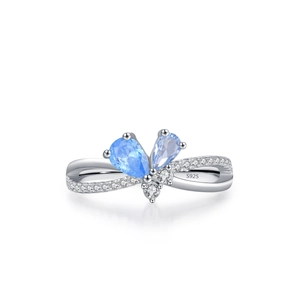 S925 sterling silver butterfly ring featuring teardrop blue zircons and white crystals