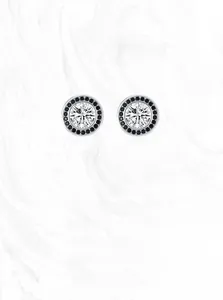 Detailed close-up of S925 silver halo stud earrings with black and white zircon stones