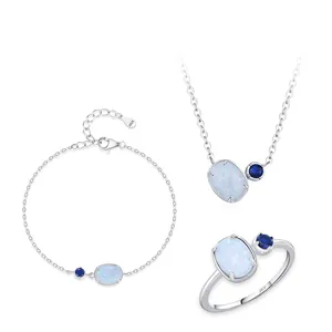 925 Sterling Silver Artificial Opal Zirconia Necklace Bracelet Ring For Women Elegant Oval Light Blue Stone Jewelry