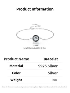 Detail of S925 sterling silver bracelet with size 15+3cm and circular zircon pendant