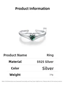 Detail view of S925 silver heart ring showing 2.11g weight and green zircon heart stone
