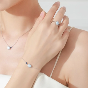 S925 silver jewelry set with light blue opal necklace, bracelet and ring on a model
