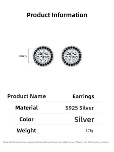 Detail view of S925 silver stud earring with clear center and black zircon halo
