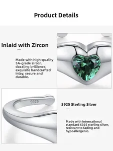 Macro detail of S925 sterling silver ring featuring a 5A heart-shaped green zircon