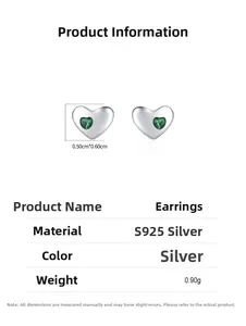 Detailed size specifications of heart-shaped S925 silver earrings with green zircon