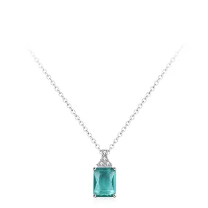 925 Sterling Silver Green Rectangular Pendant Necklace For Women Minimalist Zirconia Chic Inlaid Geometric Neck Jewelry