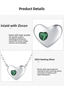 Détails du collier cœur en argent S925 avec une pierre de zircon vert 5A de qualité