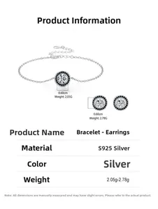 Détails macro d'un ensemble en argent S925 avec zircons noir et blanc et mesures