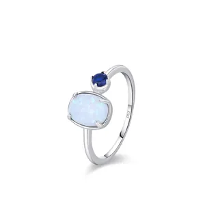 Elegant 925 Sterling Silver Blue Opal Ring For Women Fashion Round Oval Inlaid Rhinestone Dainty Geometric Finger Jewelry