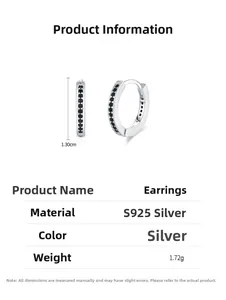Detailed view of S925 silver hoop earrings with black zircon stones and 1.3cm size scale