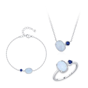 S925 sterling silver jewelry set featuring blue opal necklace, bracelet and ring on white