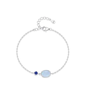 925 Sterling Silver Blue Opal Bracelet For Women Dainty Zirconia Inlaid Adjustable Chain Hand Accessory Jewelry Gift