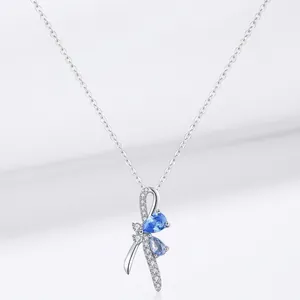 925 Sterling Silver Bow Ribbon Pendant Necklace For Women Elegant Blue Rhinestone Inlaid Clavicle Chain Jewelry Gift
