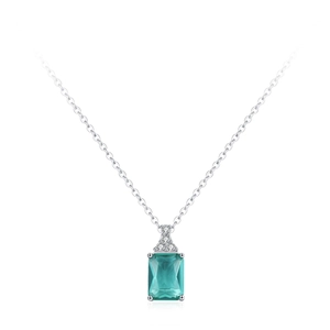 Minimalist S925 sterling silver necklace featuring a rectangular water blue gem pendant