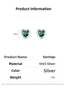 Macro detail of S925 sterling silver heart earrings with green zircon, 0.55cm size