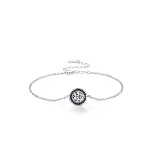 925 Sterling Silver Round Bracelet For Women Black White Zirconia Halo Pendant Minimalist Adjustable Thin Chain Fashion Jewelry