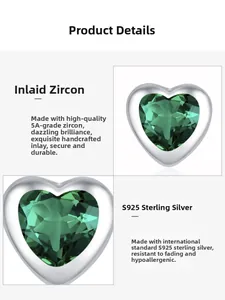 Detailed view of heart-shaped S925 sterling silver studs with green zircon stone