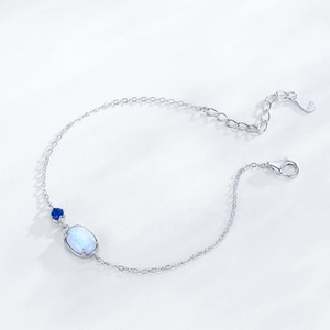 S925 sterling silver chain bracelet with blue opal and round cubic zirconia stones