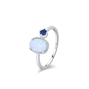 Elegant S925 sterling silver ring featuring a white opal stone and blue gemstone accent