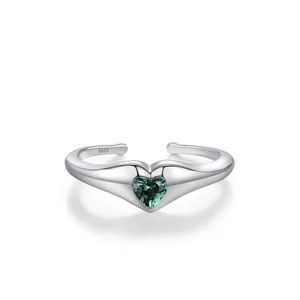 S925 Sterling Silver Green Zirconia Heart Open Ring For Women Elegant Romantic Fashion Adjustable Jewelry Finger Ring