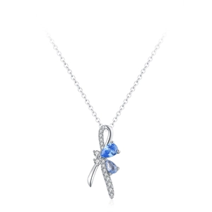 S925 silver necklace featuring a bow ribbon pendant with sparkling blue gemstones