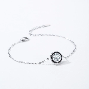 S925 sterling silver chain bracelet with round clear and black zircon pendant