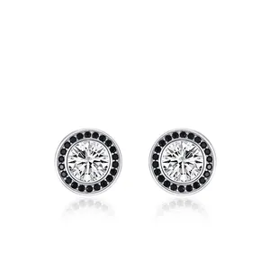 Vintage 925 Sterling Silver Round Zirconia Stud Earrings For Women Black White Halo Punk Style Geometric Fashion Jewelry Gift